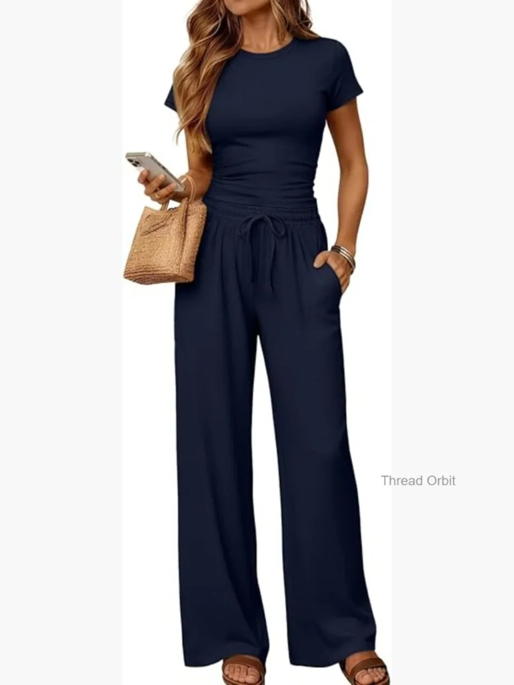 Rayon-Spandex Lounge Set, XS, Wide-Leg Pants, Side Pockets, Travel Ready